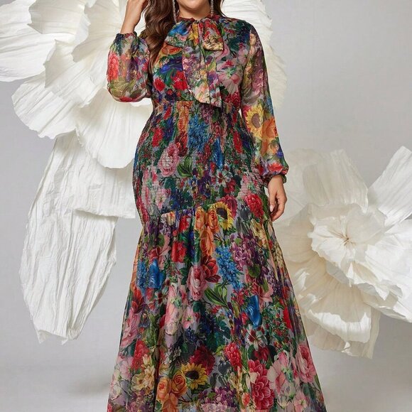 Dresses & Skirts - Multicolor Elegant Women's Plus Size Floral V-Neck Lantern Sleeve Maxi Dress